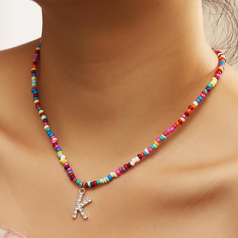 Fashion Crystal Letter Pendant Necklace For Women Bling Rhinestone Colorful Seed Bead Strand Choker Boho Jewelry Necklaces