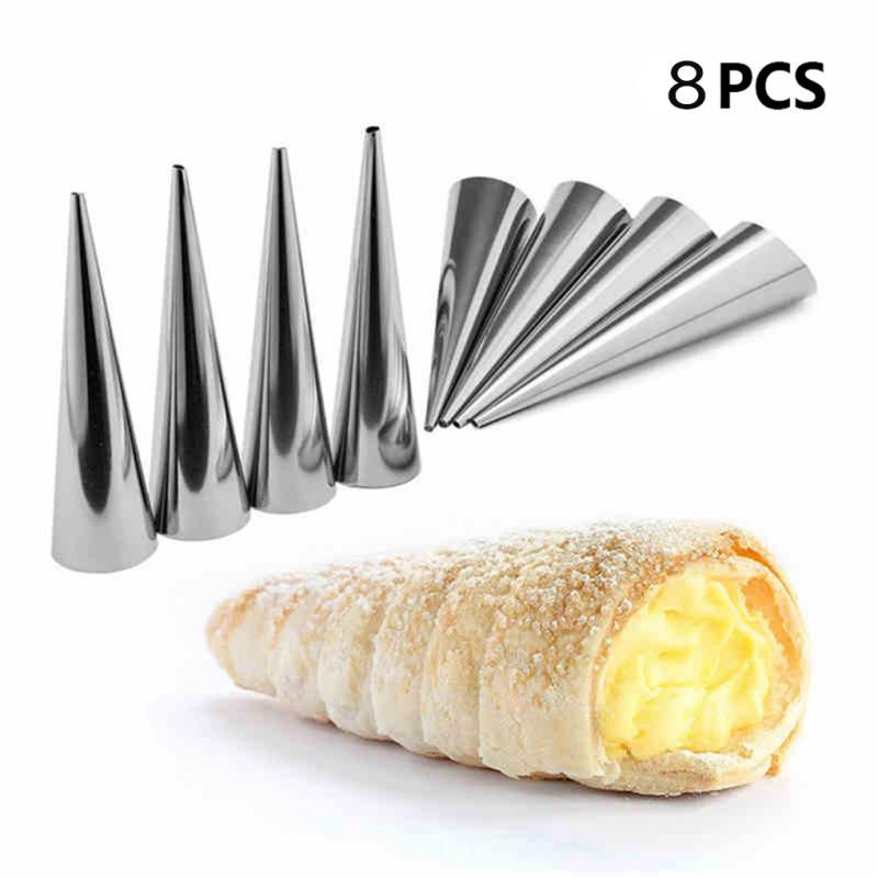 8PCS Conical Tube Croissants Molds Kitchen Stainless Steel Baking Cones Horn Pastry Roll Cake Mold Spiral Baked Cookie Tool