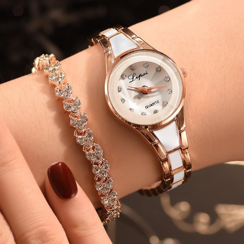Wristwatches 2pcs-Set Women Watch Bracelet Set Simple Dial Convex Glass Heart Shaped Full Drill Crystal Watches Clock Ladies