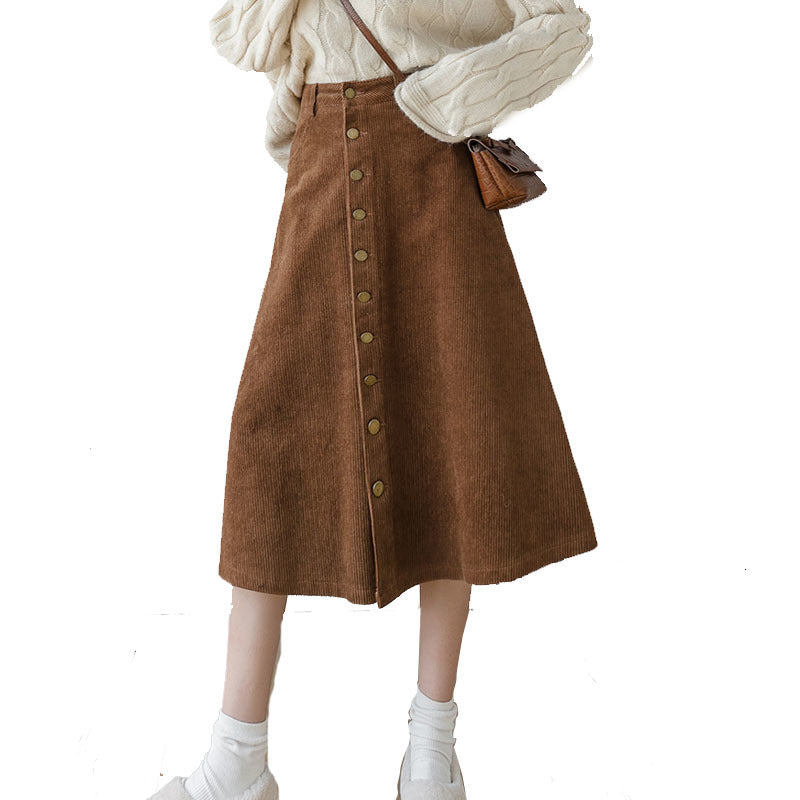 Skirts Winter Khaki Corduroy Single-breasted A-Line Long for Women High Waist Thick Velvet Calf EIJH