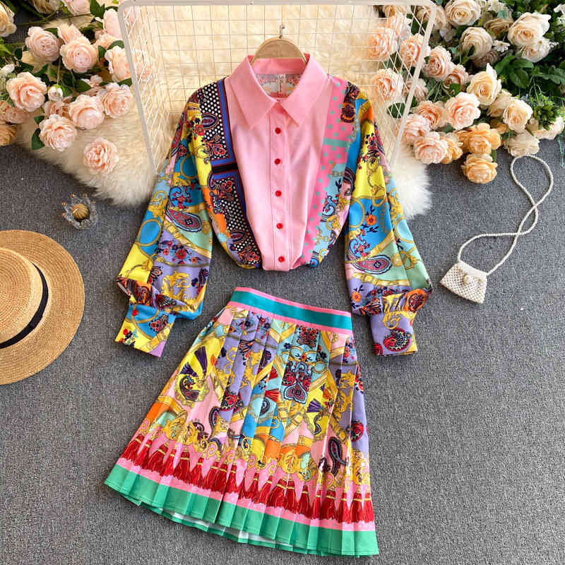 Two Piece Dress Bohemian Vintage Paisley Print Lapel bubble sleeve Shirt Slim A-line Pleated Short Skirt 2-piece Set Suit for Wome