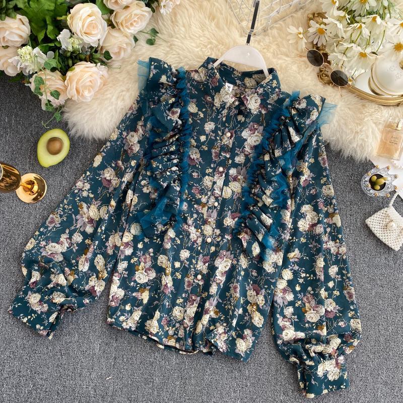 Women&#039;s Blouses & Shirts Retro Floral Long Sleeved Single-breasted Lace Patchwork Chiffon Shirt for Women Ruffled Collar Vintage F