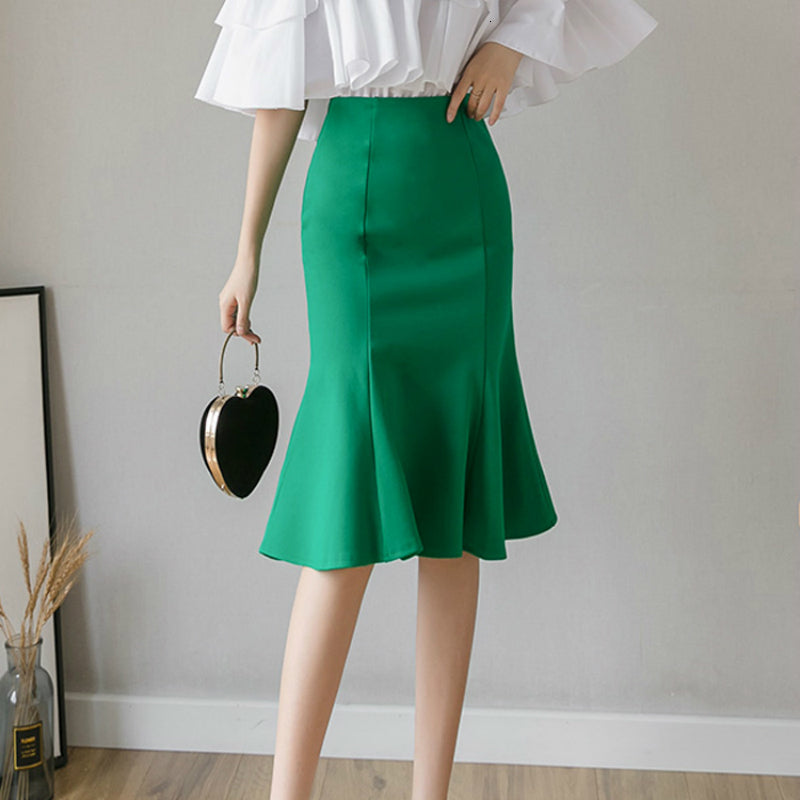 Skirts Autumn Temperament Trumpet Mermaid OL Midi Solid Green High Waisted Zipper Slim Hip Patchwork Ruffled Keen Length SK6U