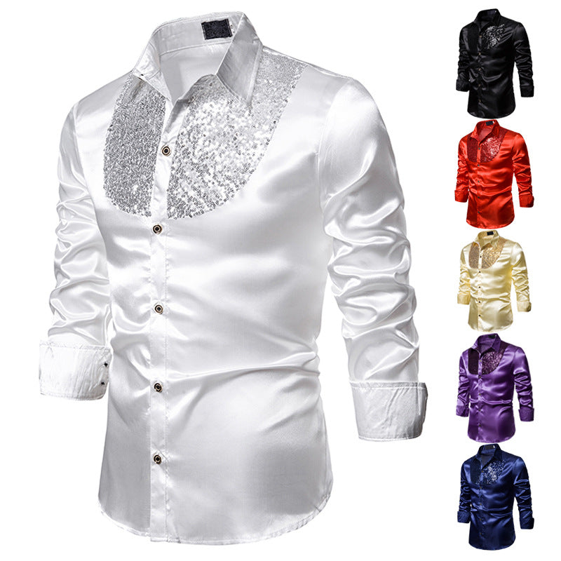 Red Sequin Glitter Silk Shirt Men Fashion Stage Prom Dance Dress Shirts Party Wedding Groom Satin Patchwork Male