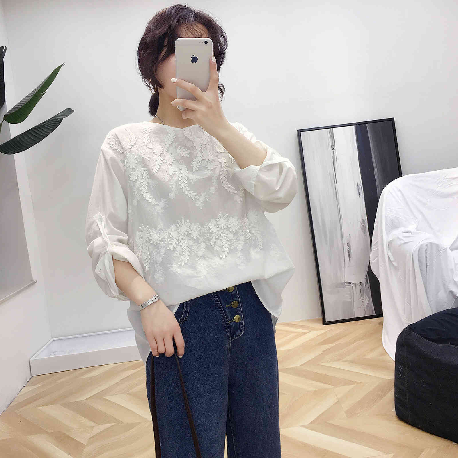 Women&#039;s Blouses & Shirts Botique Leaves 3D Stitch Wheat Embroidery Long Sleeve Cotton Linen White Shirt Blouse Female JO5M