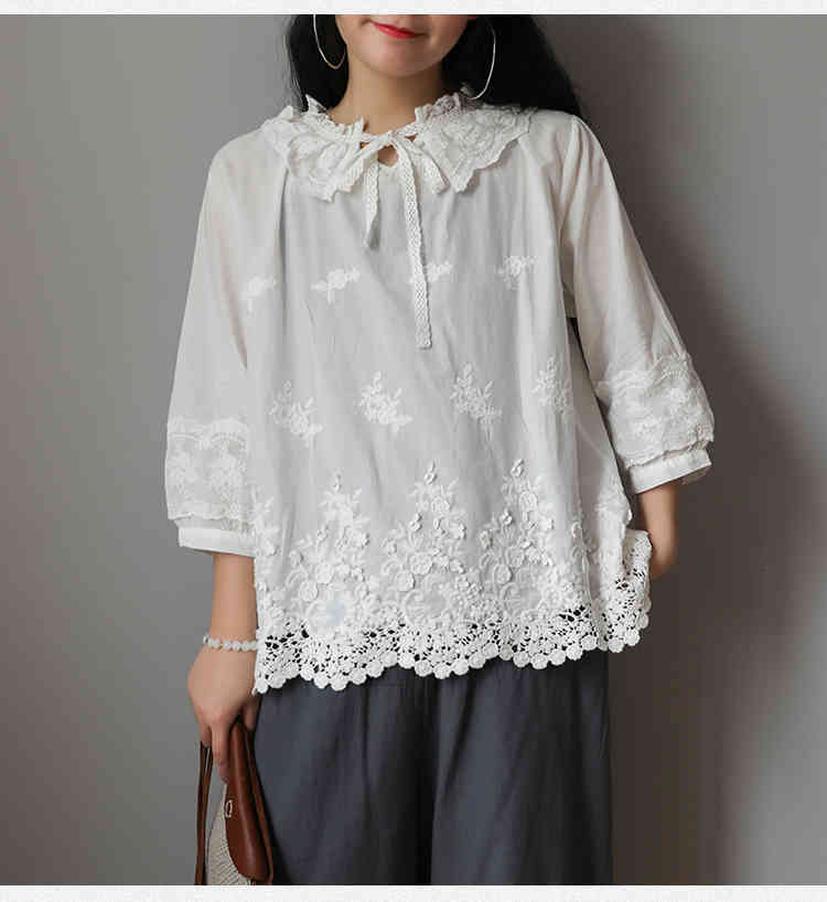 Women&#039;s Blouses & Shirts Lamtrip Embroidered Cotton Lace Collar White Blouse Wintage Shirt Top Mori Girl 2021 NABY