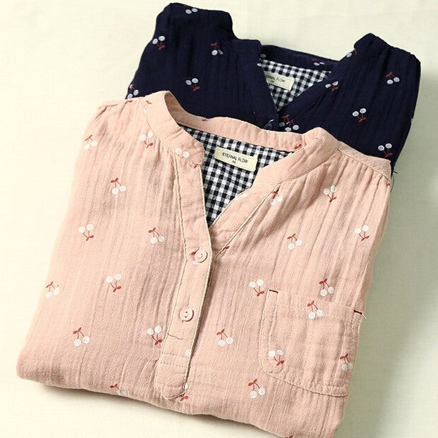 Women&#039;s Blouses & Shirts Sweet Cherry Cotton Yarn Soft -Friendly Breathable Rustic Fruit Print Long Sleeve Vintage Shirt Blouse S8