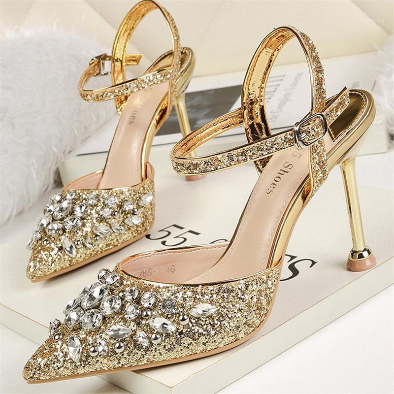 Sandals Women Summer 9.5cm High Heels Crystal Luxury Lady Silver Glitter Pumps Female Footwear Sequins Wedding Bridal Shoes1 A8A0