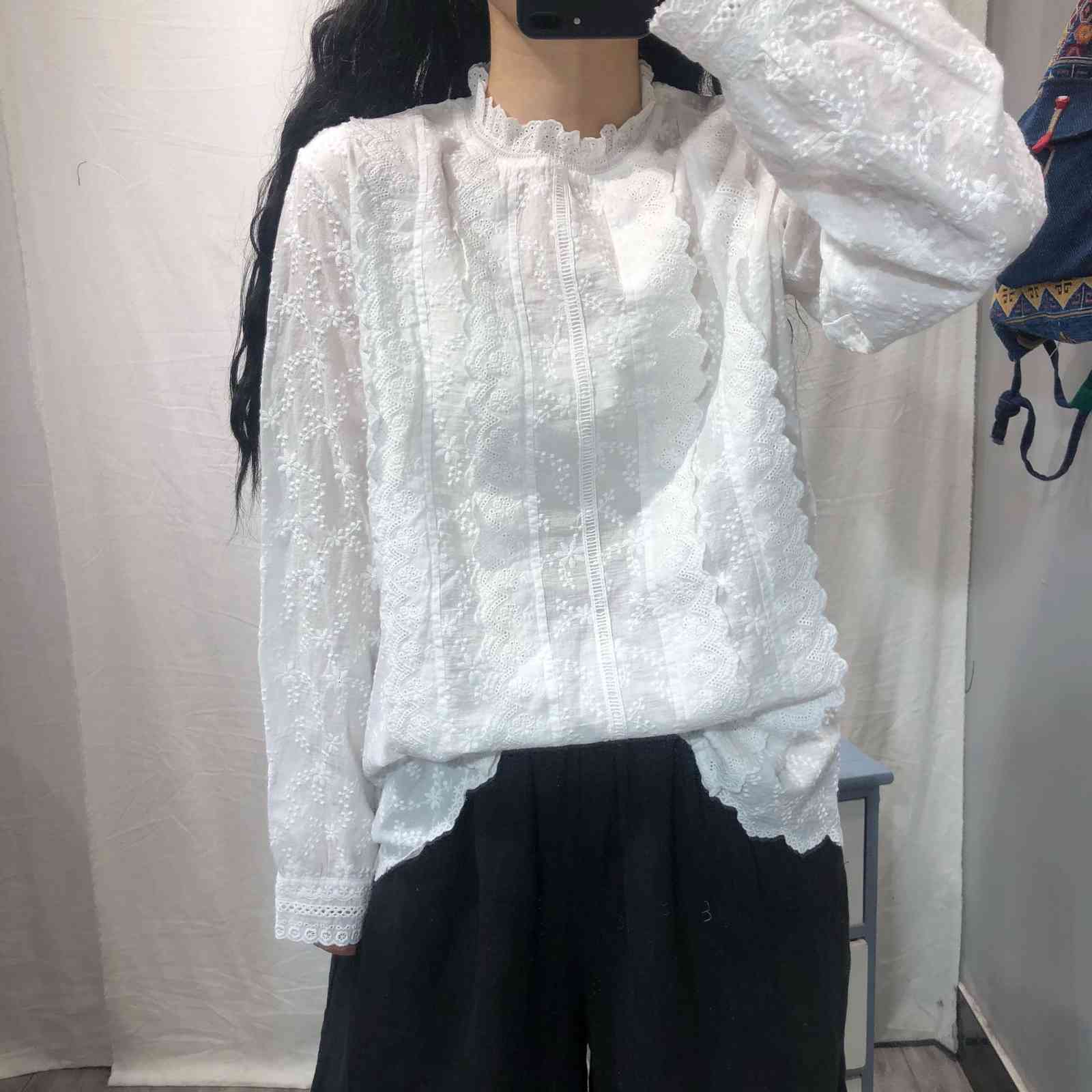 Women&#039;s Blouses & Shirts Sweet court style lace decoration white collar cotton embroidered shirt women&#039;s long sleeve 5DR9