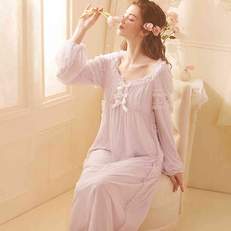 Women&#039;s Sleepwear nightgown Elegant romantic sleepwear princess woman purple white lace night ZTXA