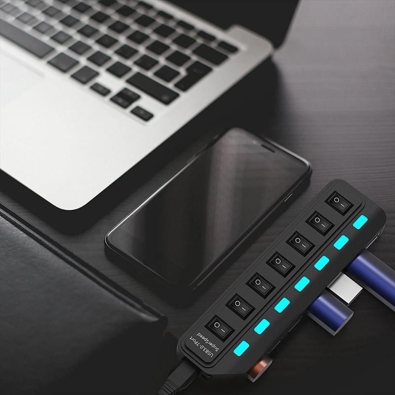 Hubs B2QF Powered USB Hub 7 Port 3.0 Data Aluminum Splitter With Power Adapter And Independent On-Off Switch LED Light