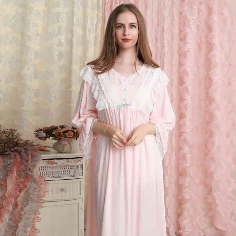 Women&#039;s Sleepwear Nightgown Long sleeve Cotton Lace Woman Princess Gown Pink Night Loose s KO5B