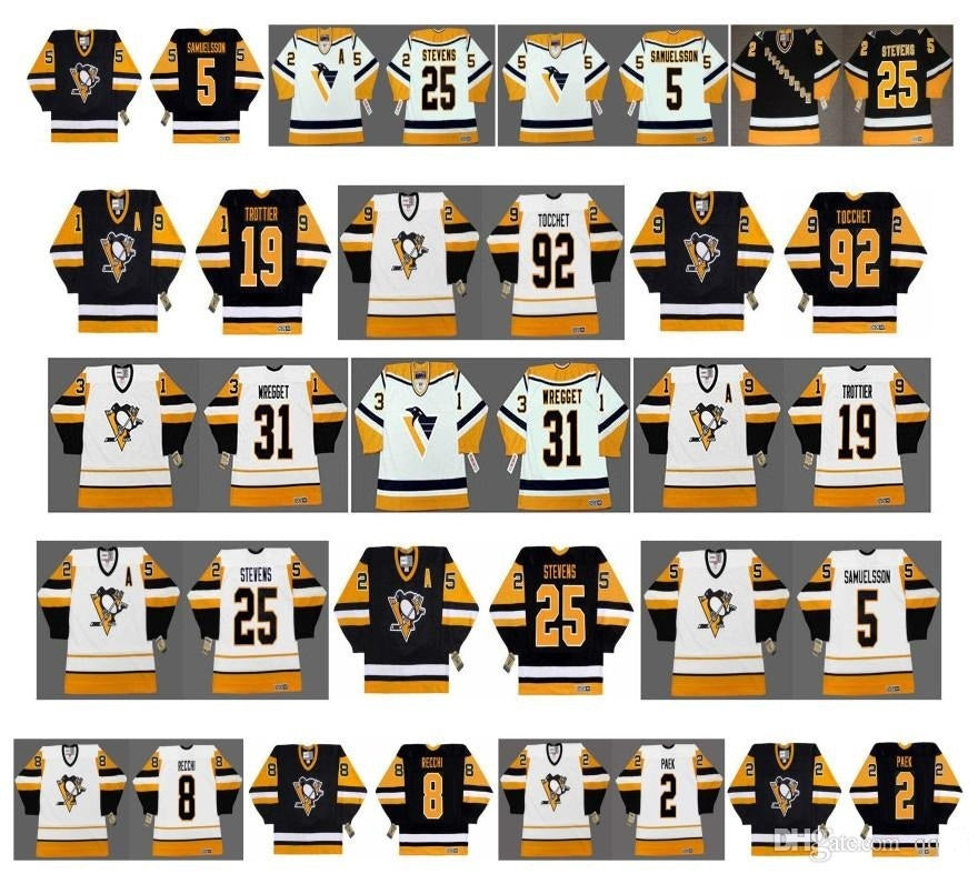 Vintage Pittsburgh Penguins Jerseys 2 JIM PAEK 31 KEN WREGGET 19 Bryan Trottier 92 TOCCHET 25 KEVEN STEVENS 5 Samuelsson 8 Recchi Hockey