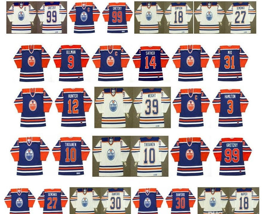 Vintage Edmonton Oilers Jersey 10 Esa Tikkanen 9 ULLMAN 14 GLEN SATHER 1 EDDIE MIO 12 DAVE HUNTER 3 AL HAMILTON 39 DOUG WEIGHT CCM Hockey