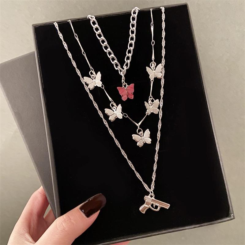 Trendy Multilayer Silver Color Cute Butterfly Pistol Cuban Chunky Choker Necklaces For Women Boho Necklace 2021 Jewelry Gift Pendant