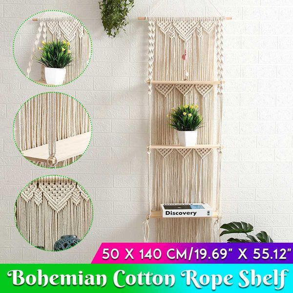 Macrame Wall Hanging Shelf 3 Tier Handmade Woven Tassel Wood Organizer Shelves Floating Hanger for Home Decor 210608