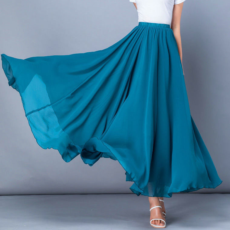 Casual Dresses 2021 Spring Skirt 3 Layer Chiffon Long Skirts For Women Elegant High Waist Boho Beach Maxi Saias Femme 80-90-100cm