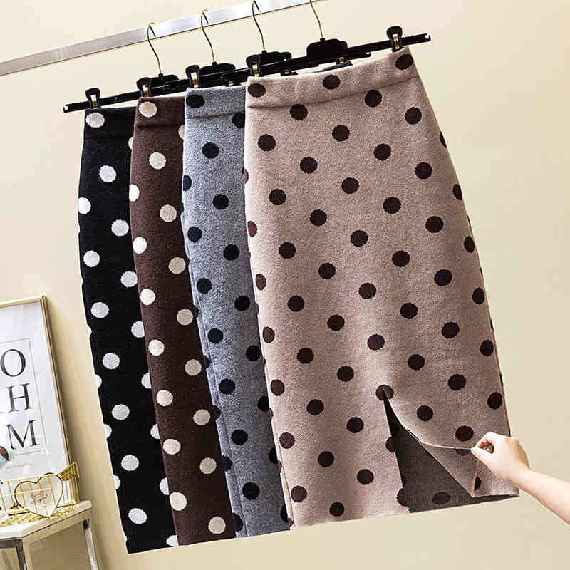 Casual Dresses Winter Thick Cotton Candy Polka Dotted Knitted Long Pencil Skirts Autumn High Waist Back Split Mid-Calf Slim Knit D
