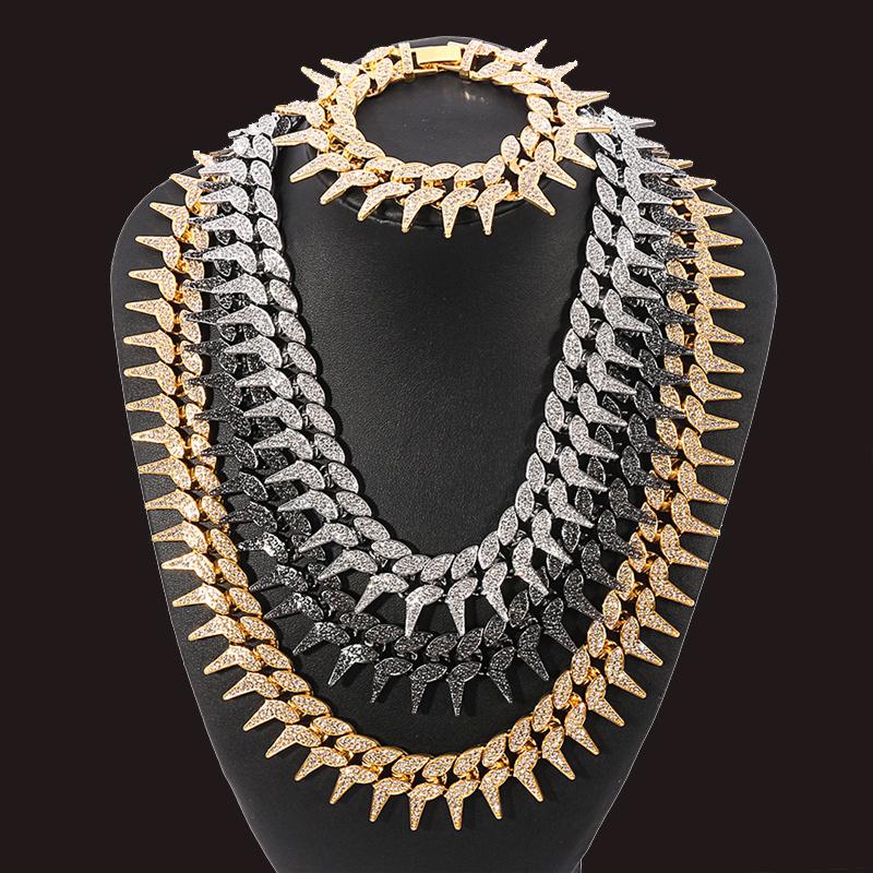 Heavy Bling Rhinestone Iced Out Cuban Necklace Bracelet Hip Hop Thorns Rivet Necklaces Rapper Jewelry Chokers