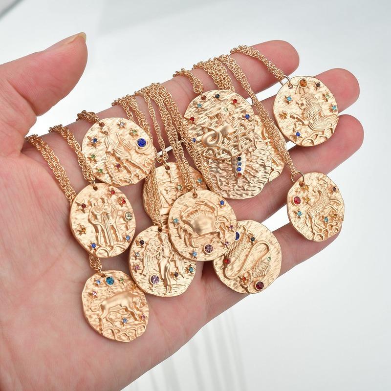 Relief 12 Constellation Gold Necklace Women Retro Twelve Pendant Necklaces Boyfriend Gift Choker