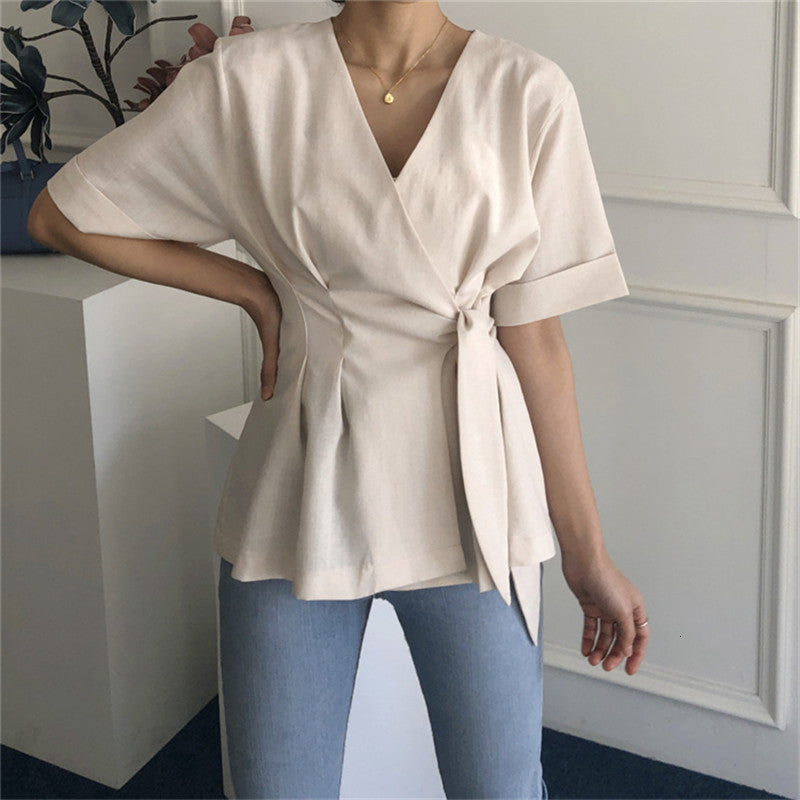 Women&#039;s Cape Mazefeng New Summer Blouses Shirts V-neck Solid Fashionable Korean Style Casual Irregular Lace Up Tops Size S M ODK5