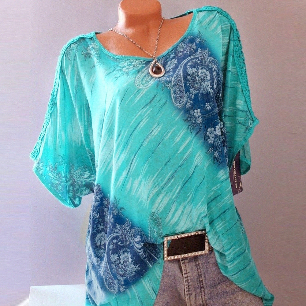 Autumn 5XL Plus Size Women Summer Short Sleeve V Neck Floral Print Loose Blouses Casual Lace Fashion Tops Shirts Blouses V1et#