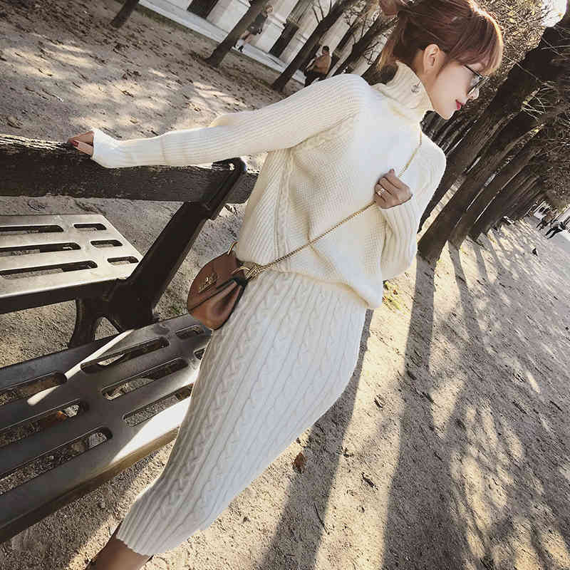 Two Piece Dress Twist Knitted 2 Set Women Long Sleeve Turtleneck Pullover Sweater + Split Pencil Skirt Lady Runway Knitting Suit R