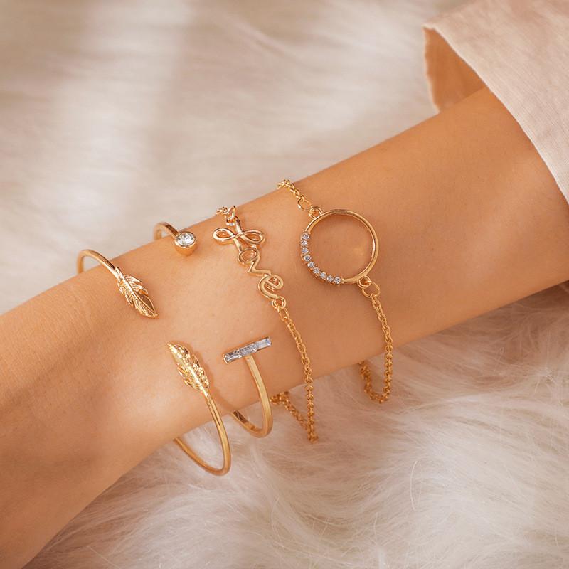 Link, Chain Fashion Word LOVE Leaf Circle Bracelets For Women Simple Full Rhinestone Gold Color Alloy Wedding Gifts Jewelry