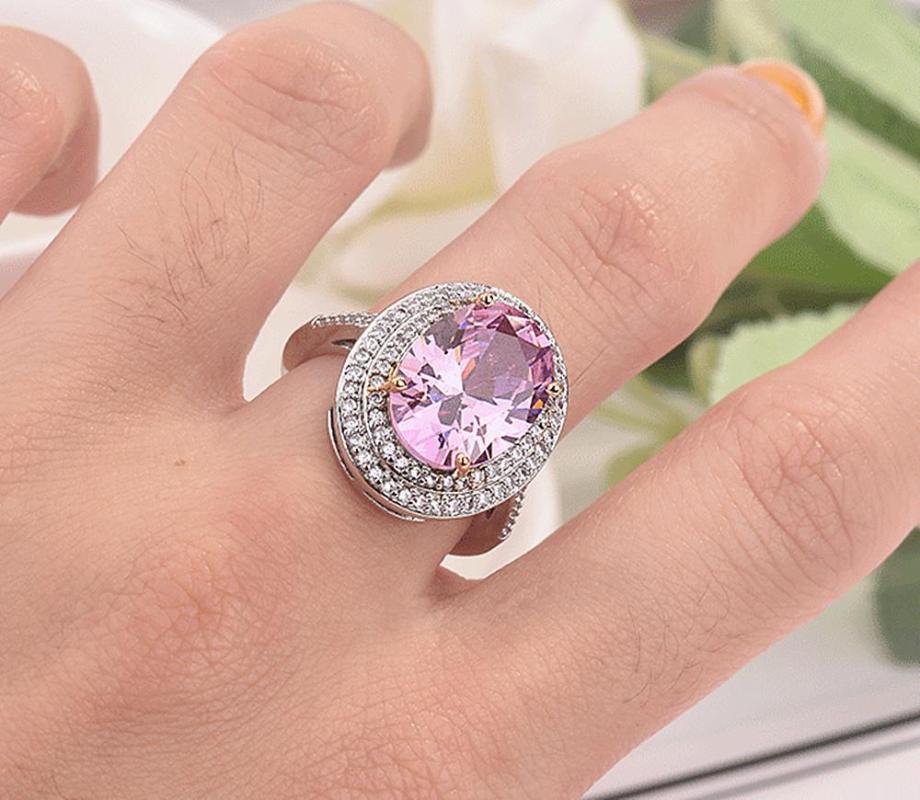 Cluster Rings Big Oval Gemstones Pink Crystal Zircon Diamonds For Women White Gold Silver Color Luxury Jewelry Bijoux Bague Party Gifts