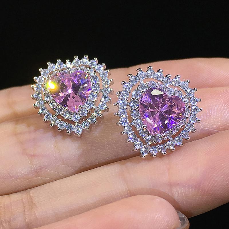 Stud Huitan Love Earrings For Women Pink Color Cubic Zirconia Brilliant Princess Cute Gift Statement Silver Heart
