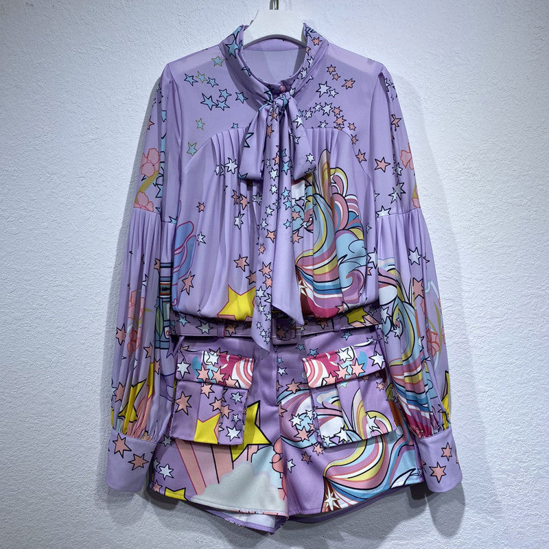 Women&#039;s Blouses & Shirts summer track of two female ensemble purple suit bow star necklace print shirt and shorts twinset elegant vacation clot