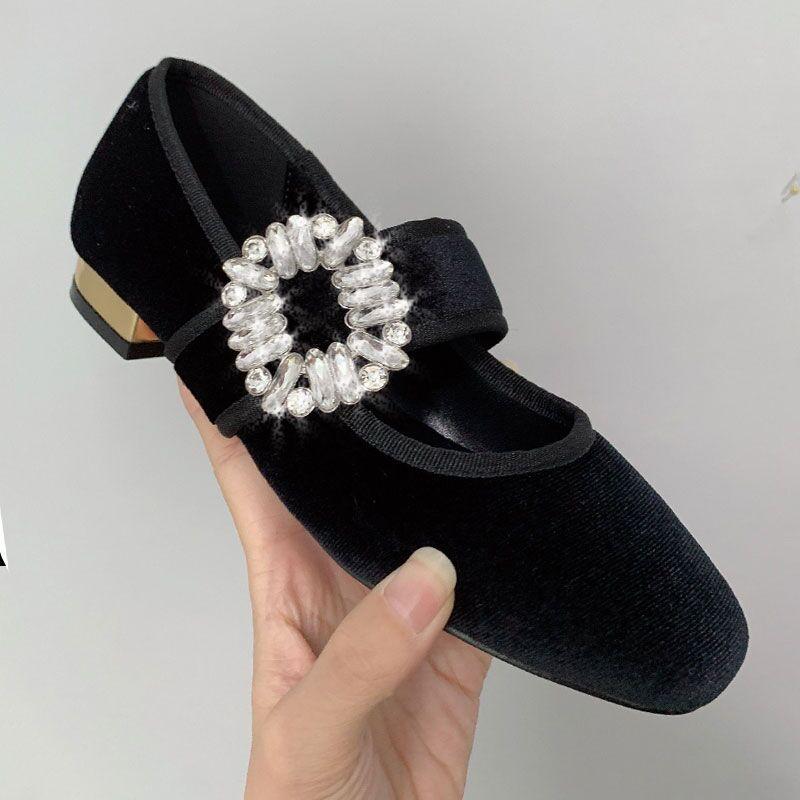 Dress Shoes Woman Elegant Mary Janes Rhinestone Buckle Block Heels Women Office Pumps Career Lady Square Toe Chunky