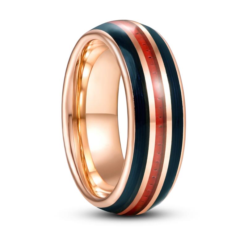 Wedding Rings 8mm Electric Gold Inlaid Black Guitar Strings Red Carbon Fiber Dome Tungsten Carbide Ring Men&#039;s Fashion Jewelry Gift