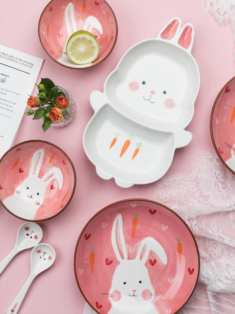 Dishes & Plates Children&#039;s Ceramic Dinner Plate Rice Household Divided Cartoon Bowl Cute Breakfast Tableware Set