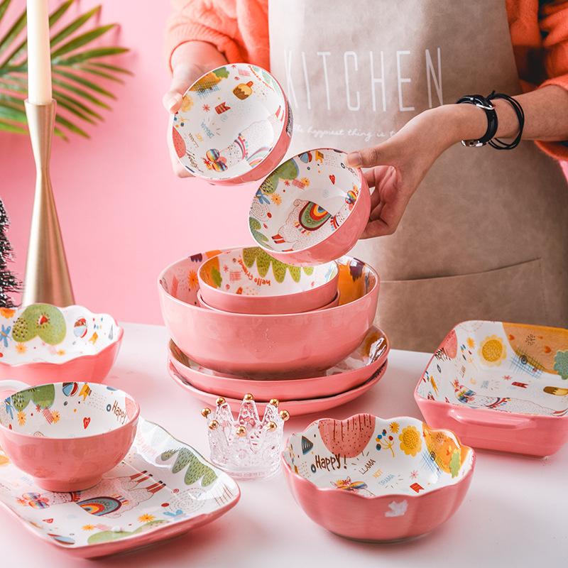 Dishes & Plates Cartoon Rainbow Alpaca Dinner Plate Snack Tableware Porcelain Dessert Dish Child Breakfast Pink Suit