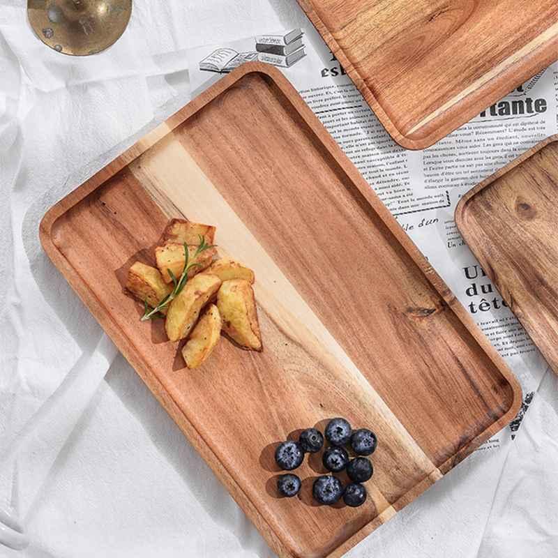 Dishes & Plates Acacia Wooden Tray Rectangular Coffee Breakfast Bread Fruit Dessert Serving Tableware Dinner Plate Kichen Accessories