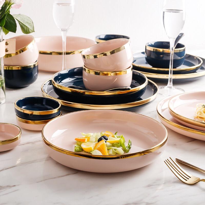 Dishes & Plates Golden Edge Luxury Ceramic Complete Tableware Set For 2-4-6 Person Dining Porcelain Cake Plate Dinner Dish