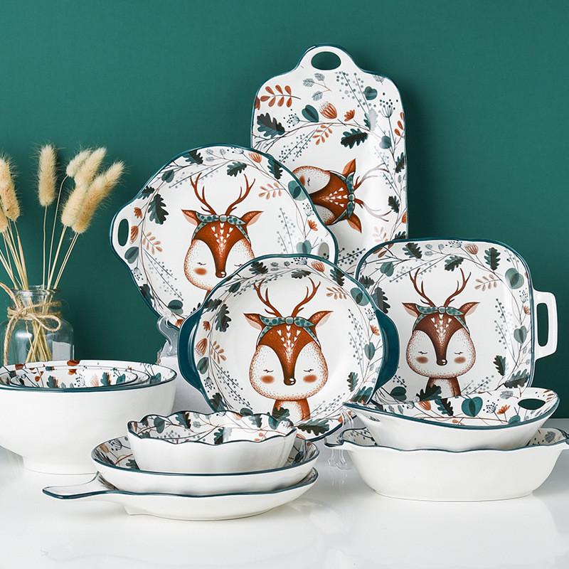 Dishes & Plates Japanese Style Cartoon Deer Ceramic Dinner Hand-painted Children Tableware Noodle Rice Bowl Dessert Serving Tray