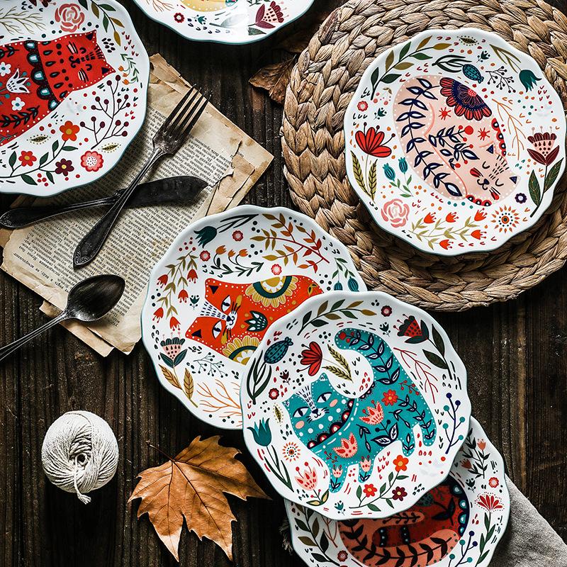 Dishes & Plates Ceramic Dinner 8 Inch Colorful Cat Steak Plate Under-glazed Fruit Dessert Tray Flower Kitten Dinnerware Microwave