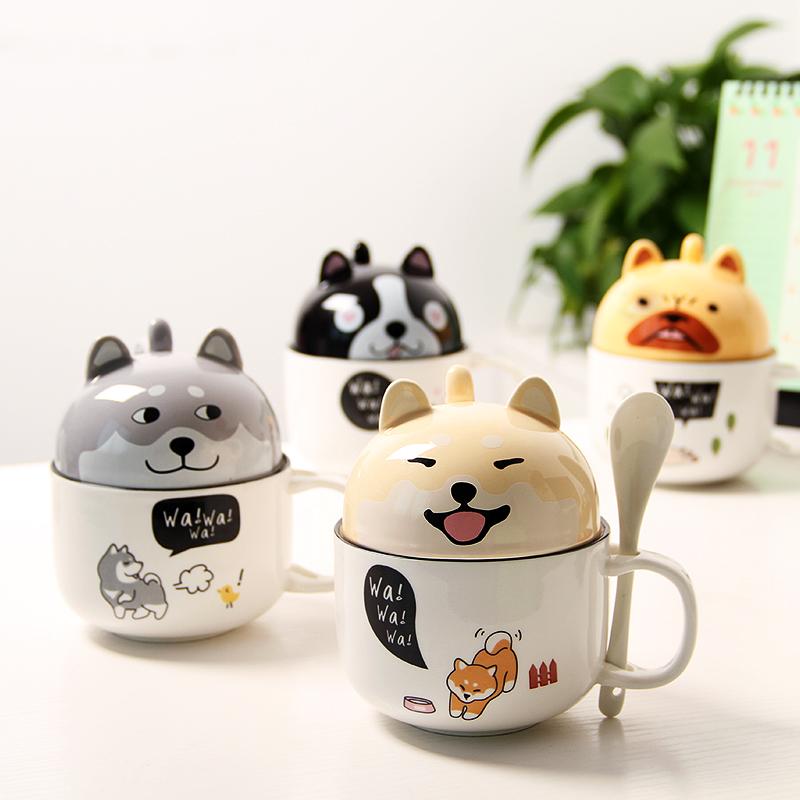 Mugs With Cover Cute Dog Cat Claw Coffee Tea Mug Cherry Double-Layer Ceramic Juice Cup Transparent Pink Milk Water