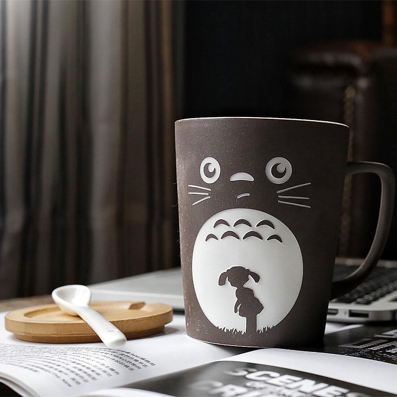 Mugs Ceramic Cartoon Totoro Milk Coffee With Lid And Spoon Large Capacity Matte Water Cup Tea Kitchen Drinking Gift