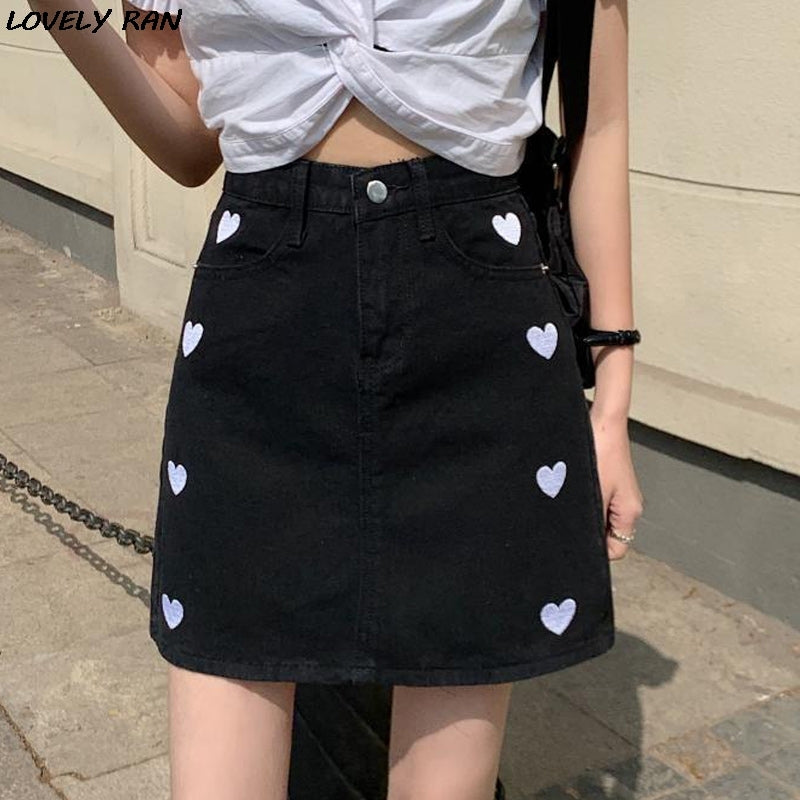 Skirts Summer Korean Women&#039;s Denim Skirt High Waist Bandage Embroidered White Female Mini Sweet Fashion Girl Lady Bottom 6ROA