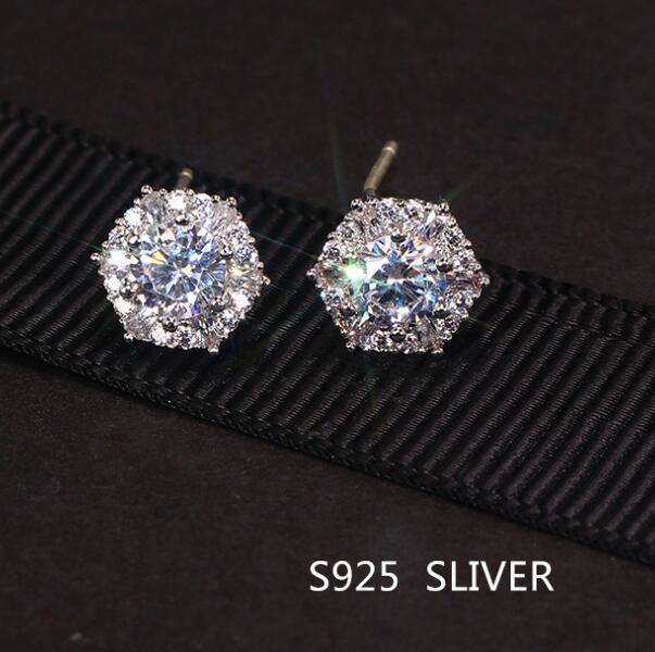 Real S925 Sterling Stud Earrings Simple Fashion Women Wedding Bridal Jewelry Round Cut White Topaz CZ Diamond Gemstones Party Gift