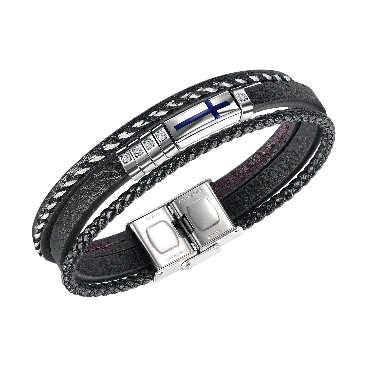 cross leather bracelet for men multilayer knit with diamond stainless steel black punk hippop jewelry boys gifts