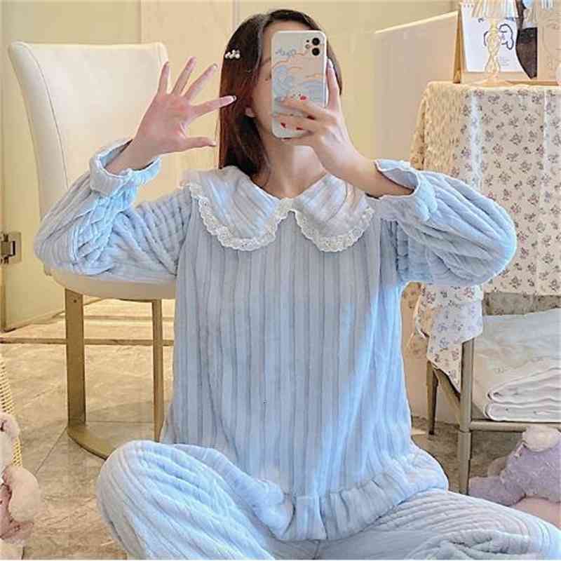 Women&#039;s Sleepwear Fdfklak Autumn Winter Sleepwear Pajamas Women Pijamas Set Sweet Lapel Ladies Home Clothes Coral Fleece Thicken Night Wear Sui