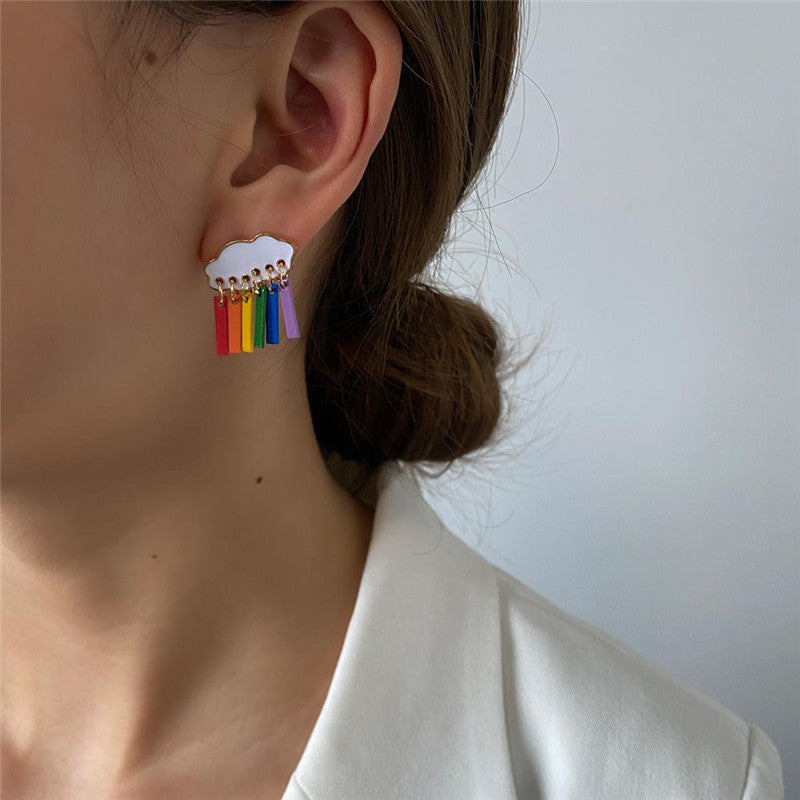 Korean Cute Cloud Raindrop Stud Earrings Colorful Alloy Tassel Ear Drop Women Girls Gift Gold Dangling Earring Fashion Jewelry Accessories Wholesale