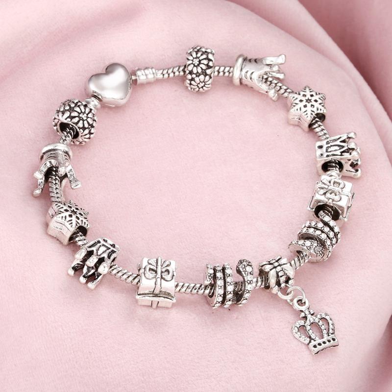 Link, Chain Crystal Crown Heart Charm Bracelets&Bangles Sliver Snake For Women Jewelry Fit Brand Original Beads DIY Bracelet Gift