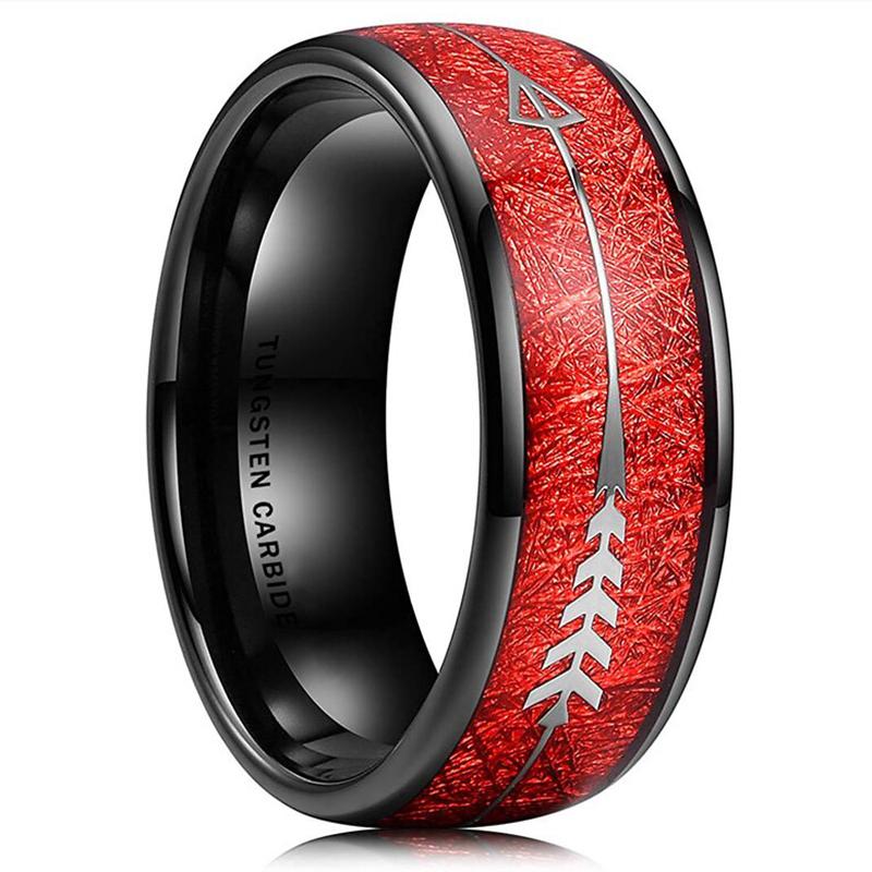 Cluster Rings Fashion 8mm Men&#039;s Black Tungsten Carbide Ring Red Meteorite Inlaid Arrow Men Wedding Engagement Band Jewelry Gift