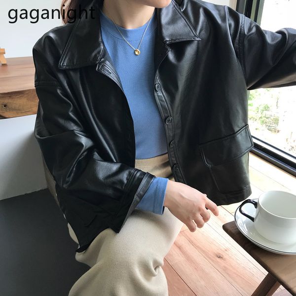 GAGANIGHT Fashion Women Cropped Jacket Spring Autumn Chic Coat Black Turn-down Collar Single Breasted Jackets Korean Coats 210519
