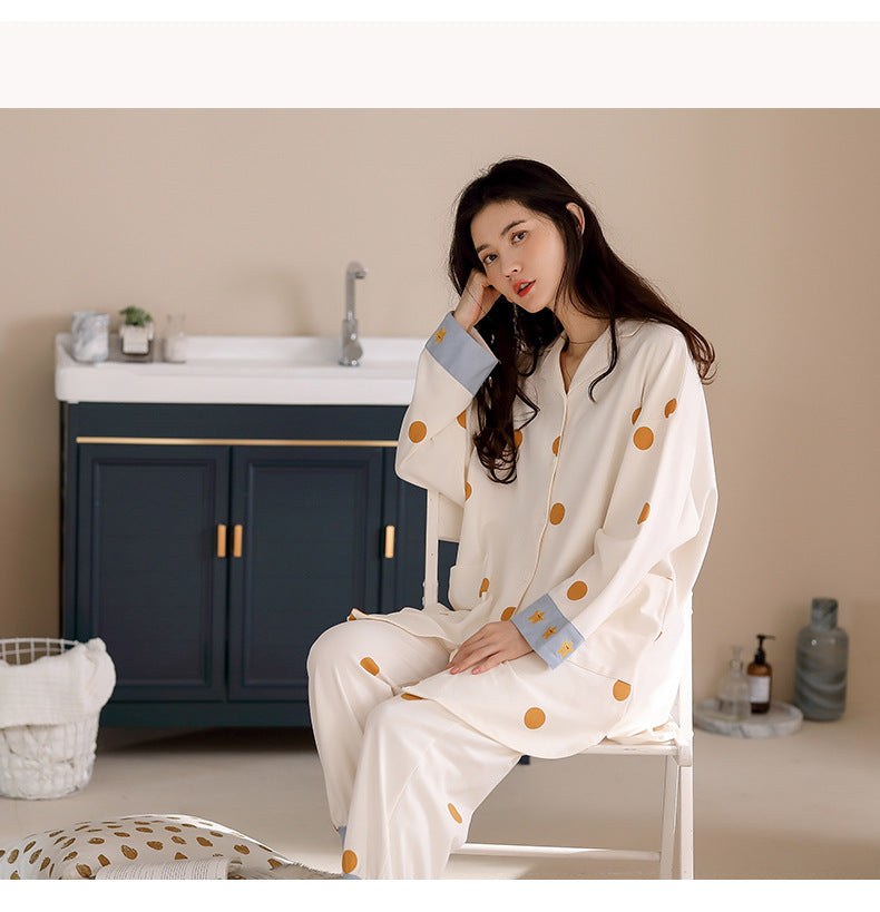 Women&#039;s Sleepwear Autumn Ladies Pajamas Set Printed Full Cotton Fresh Style Sleepwear Set Women Turn-down Collar Female Casual Homewear Pijama